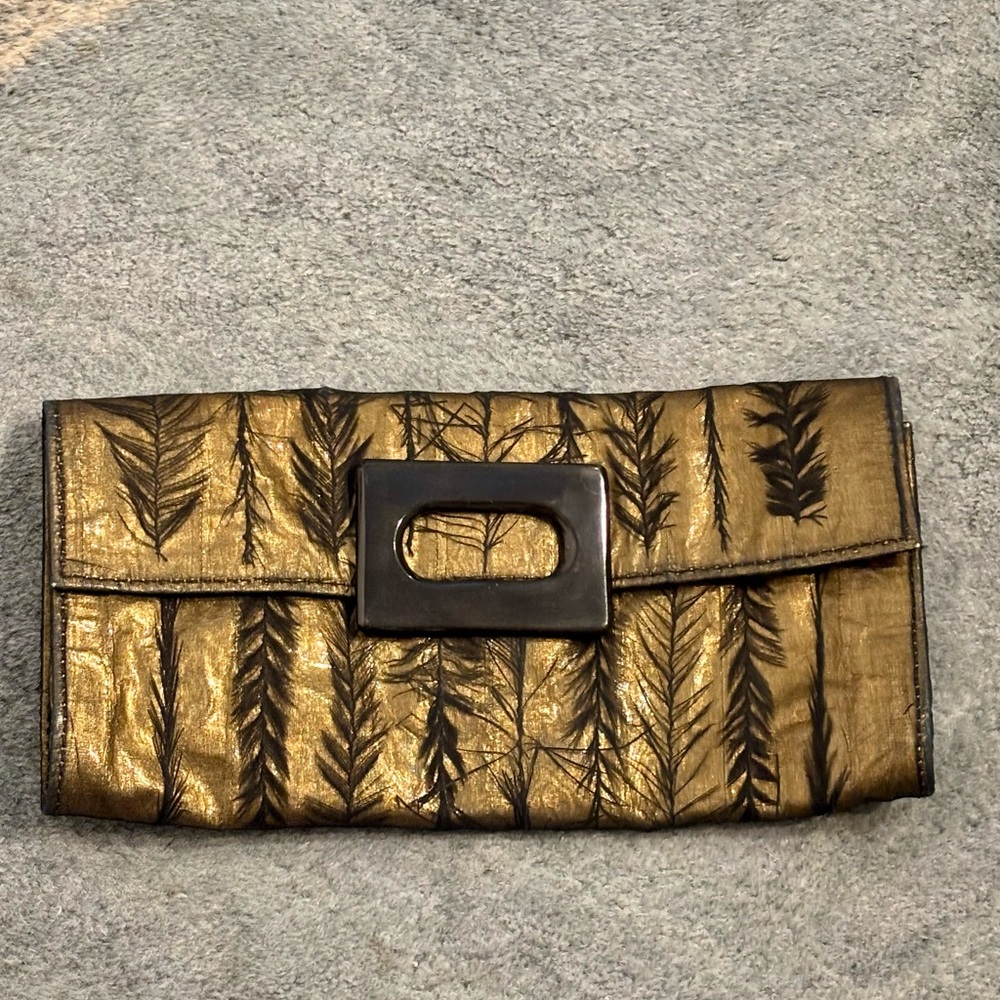 R&Y Augousti Gold/Bronze Clutch with Black Feather Accents